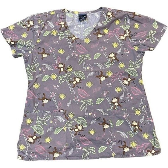 Zoe + Chloe Womens V-Neck Scrub Top Monkey & Jungle Print Short Sleeve - Picture 1 of 4